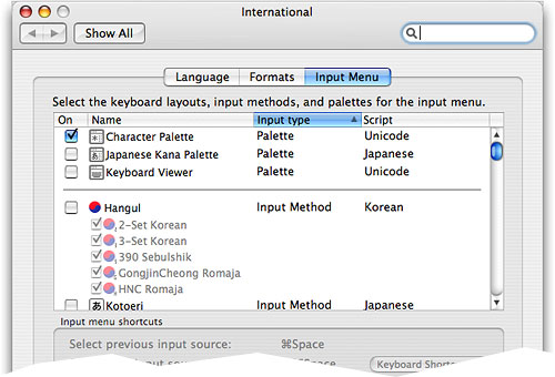 Закладка International системных настроек Mac OS X